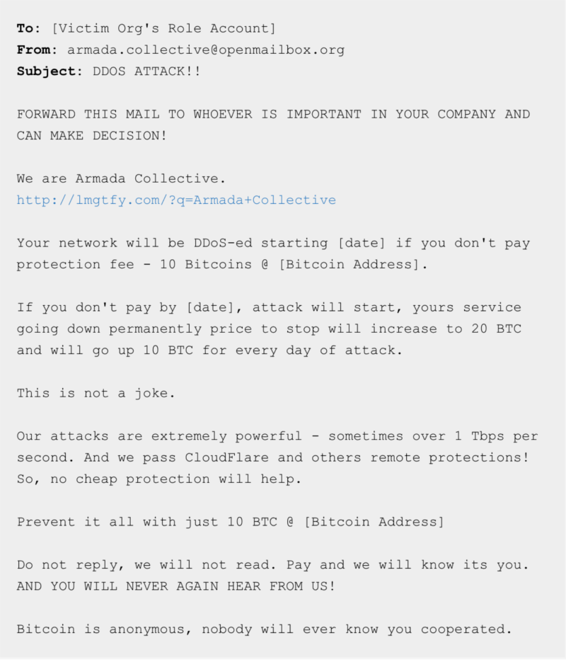 Extortion email from Armada Collective, demanding 10 BTC